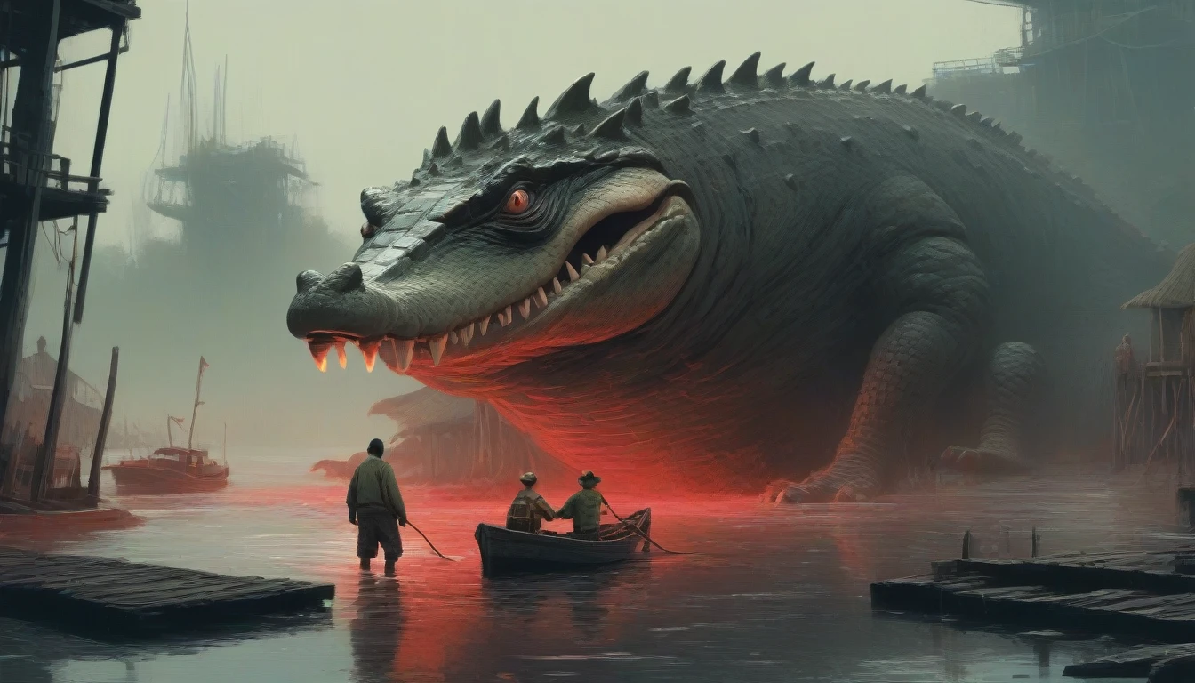 (dark fantasy movie scene), (((ugly mutated an old fisherman pulls out a mutant crocodile with his nets))), ((summer pier)), ((old river pier background)), dark fantasy, dark color scheme, hyper realistic, red paint scattered, black paint scattered, raw, cinematic, photorealism, 8k, intricately detailed, award winning, acrylic palette knife, style of makoto shinkai studio, james gilleard, greg rutkowski, chiho aoshima,darkart,more detail XL,potma style,