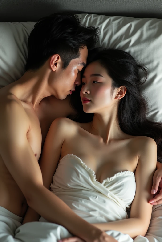 Top view,facing forward,staring intently,A handsome Sundanese man with a thin, athletic body,short black curly hair,sitting on the bed hugging a beautiful Korean woman from behind,ideal shapely body,compact chest ideal,wearing black lingerie,friendly style leaning on the chest,Realistic detailed photography.best quality,8k hd.