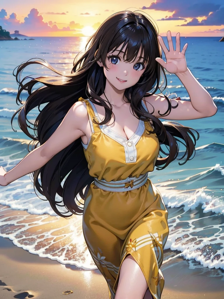 Highest quality, Very detailed, High resolution, expensive resolution, High resolution, 4K,wallpaper, Detailed CG, masterpiece, 2D, 3d, Beautiful details, depth, Fine texture, Highest quality: 1.3, Perfectly focused,skin,Very cute anime girl,Orange summer dress,one piece,long hair,Silver Color,expensive,Mole,Blue Eye, smile,Part your lips a little,The background is a sandy beach with blue sea、Summer sunshine