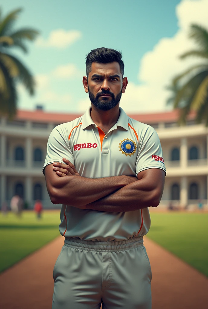30 years old Muscular indian cricket player with sharp chin dimples beautiful eyes spiky black hairs fall on his face, in cricket stadium with tight blue jersey,holding cricket bat, trending on artstation, sharp focus, studio photo, intricate details, highly detailed, head to thighs fit in photo