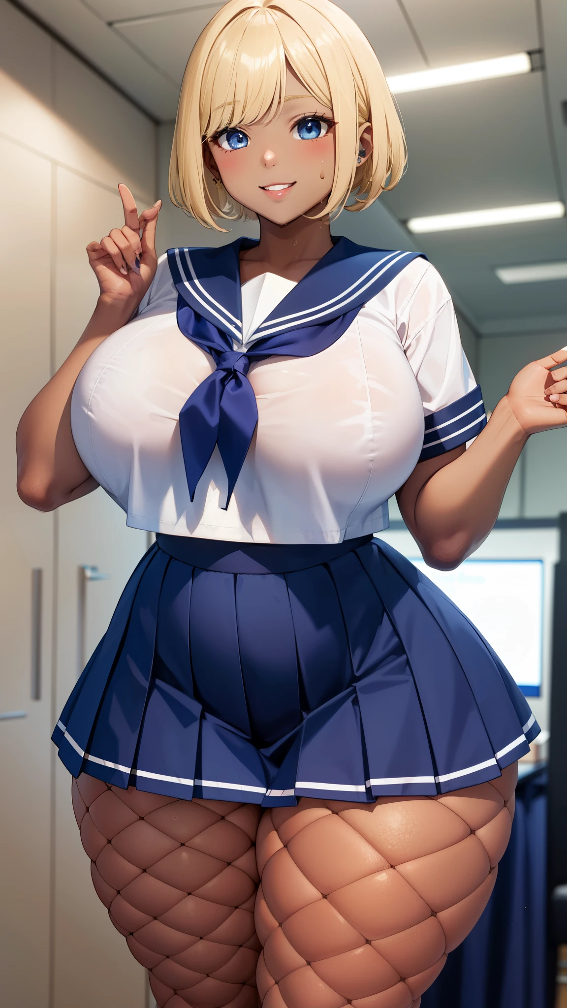 Big Breasts, Blonde, blue eyes, high school girl、(Dark Skin、Sailor suit:1.3),happy smile、Big Hips、Thick thighs,Sweaty、Navy Blue Skirt、Fishnet pantyhose