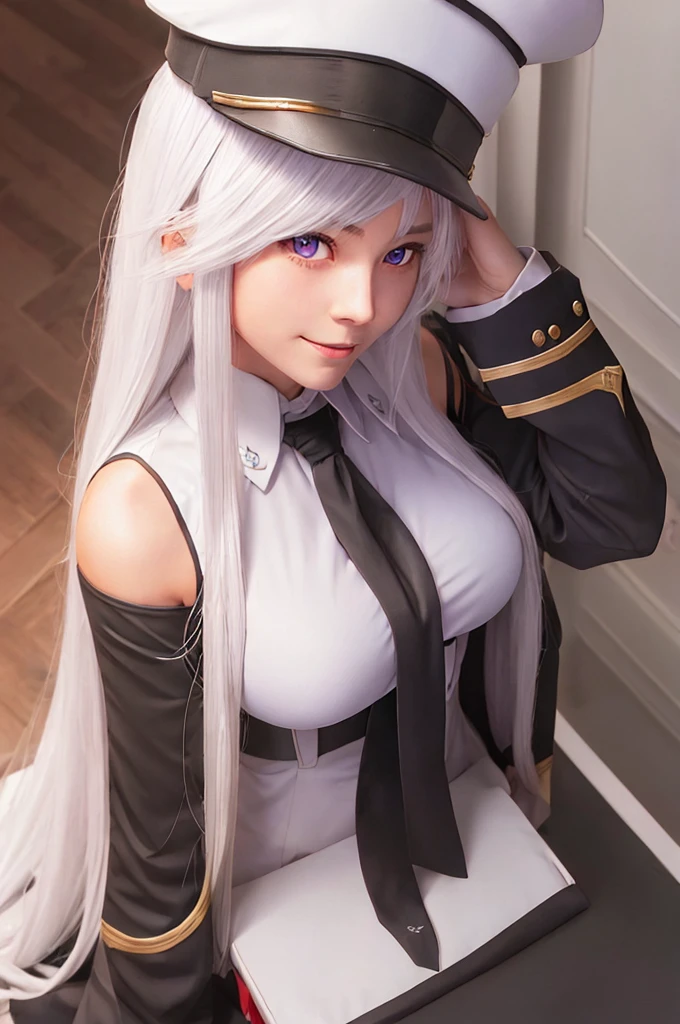 enterprise_azurlane, long_hair, purple_eyes, white_hair, breasts, hat, bangs, large_breasts, sleeveless, necktie, smile, peaked_cap, white_headwear, black_necktie, blush, very_long_hair, hair_between_eyes