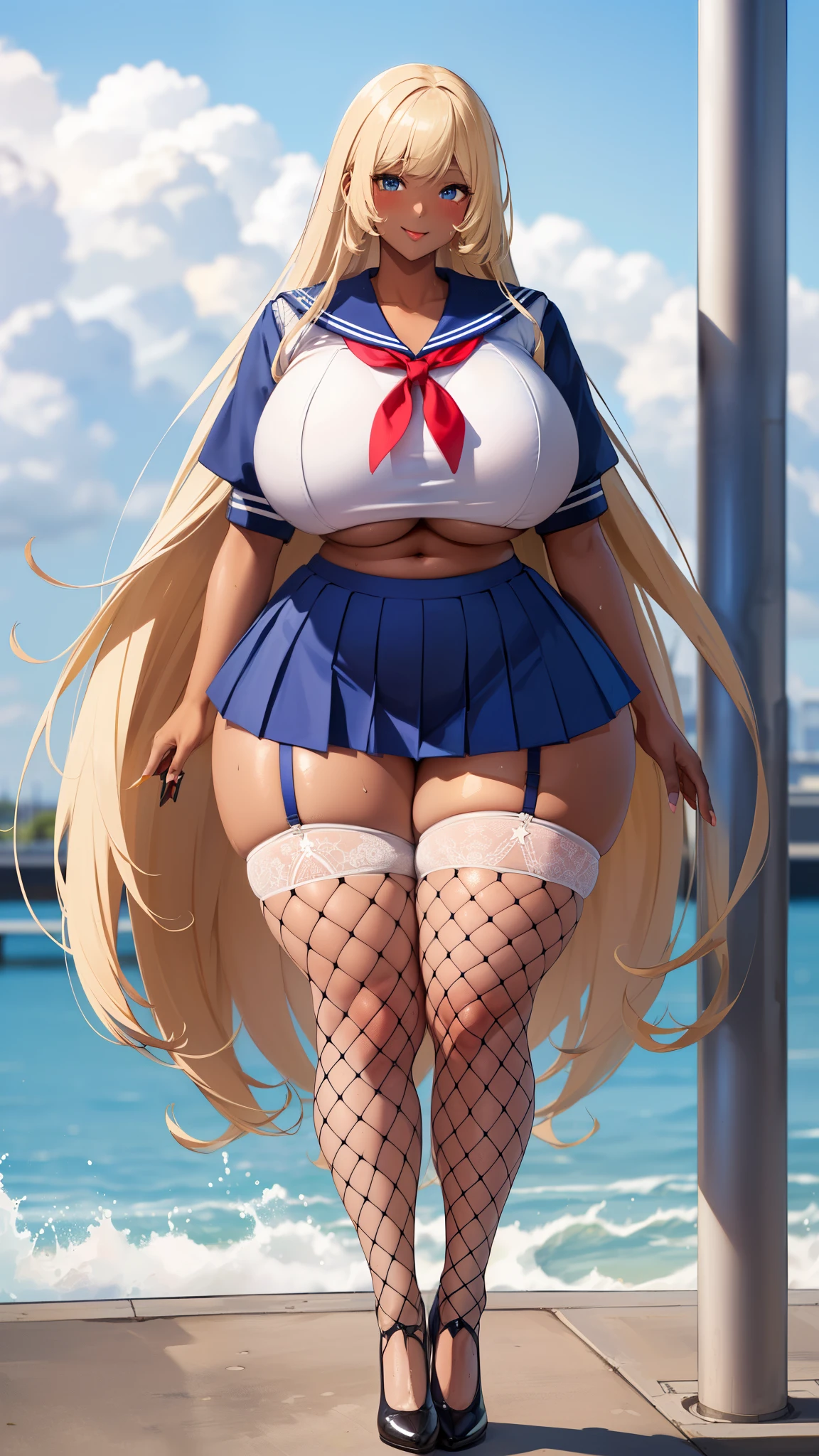 ((8k,Highest quality、Very tall、12th class、voluptuous woman))、high school girl、(gigantic tits，Thick thighs、Big Hips、Very long legs:1.3), Blonde、 blue eyes, high school girl、(Dark Skin、Sailor suit:1.3),happy smile、Sweaty、Navy Blue Skirt、Fishnet tights、Belly button、Garter Stockings