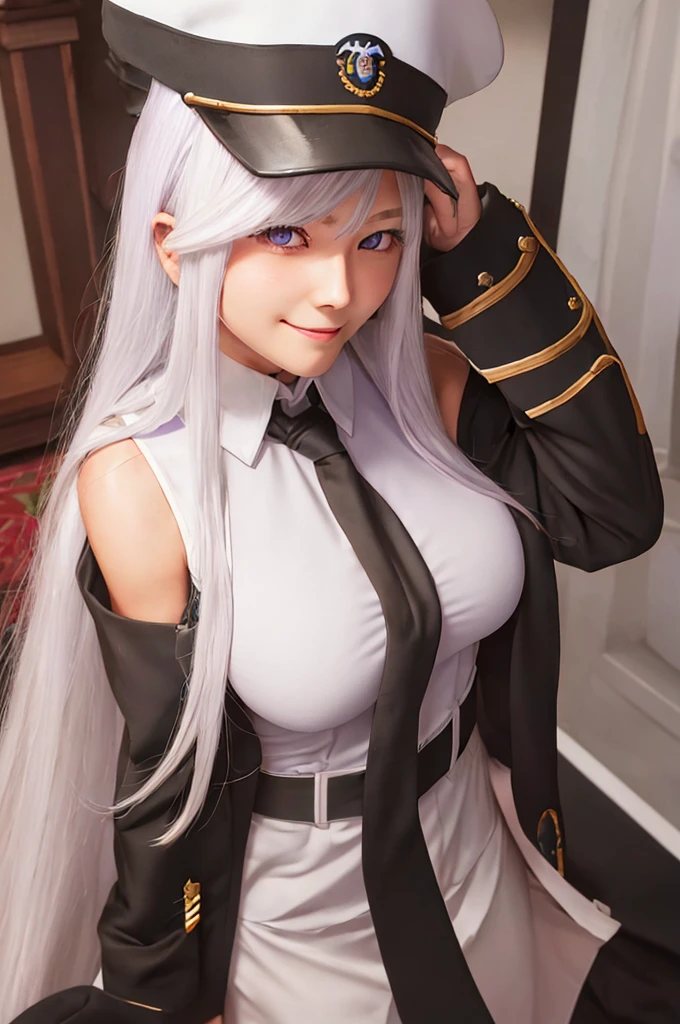 enterprise_azurlane, long_hair, purple_eyes, white_hair, breasts, hat, bangs, large_breasts, sleeveless, necktie, smile, peaked_cap, white_headwear, black_necktie, blush, very_long_hair, hair_between_eyes