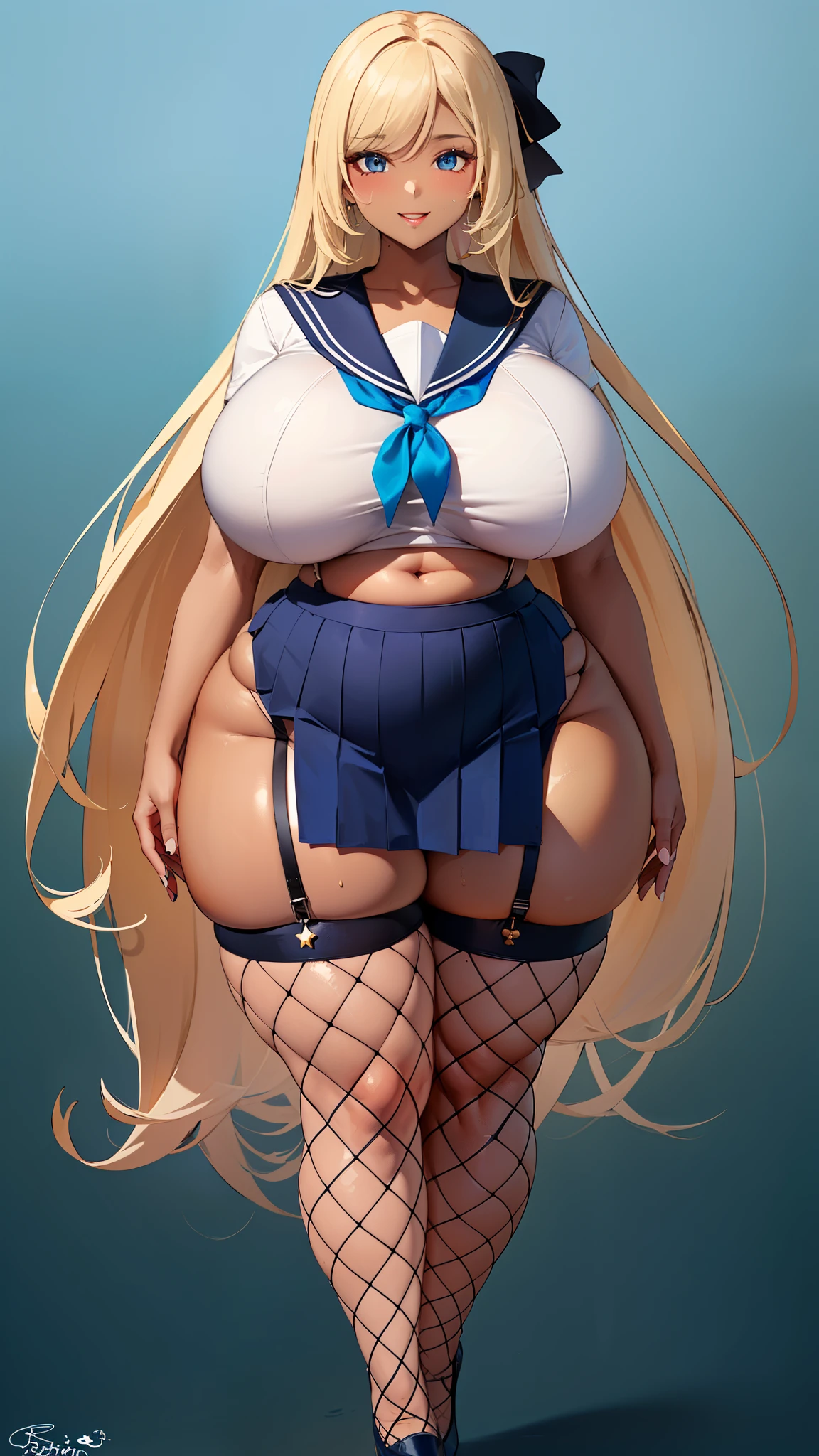 ((8k,Highest quality、Very tall、12th class、voluptuous woman))、(gigantic tits，Thick thighs、Big Hips、Very long legs:1.3), Blonde、 blue eyes, high school girl、(Dark Skin、Sailor suit:1.3),happy smile、Sweaty、Navy Blue Skirt、Fishnet tights、Belly button、Garter Stockings