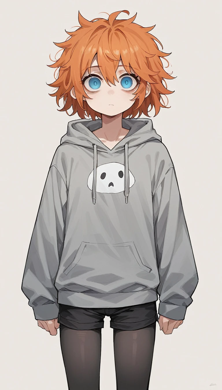 1girl (orange hair, icy-blue eyes, messy hair, grey hoodie, black short shorts, black tights, black plimsolls, blank stare at viewer)