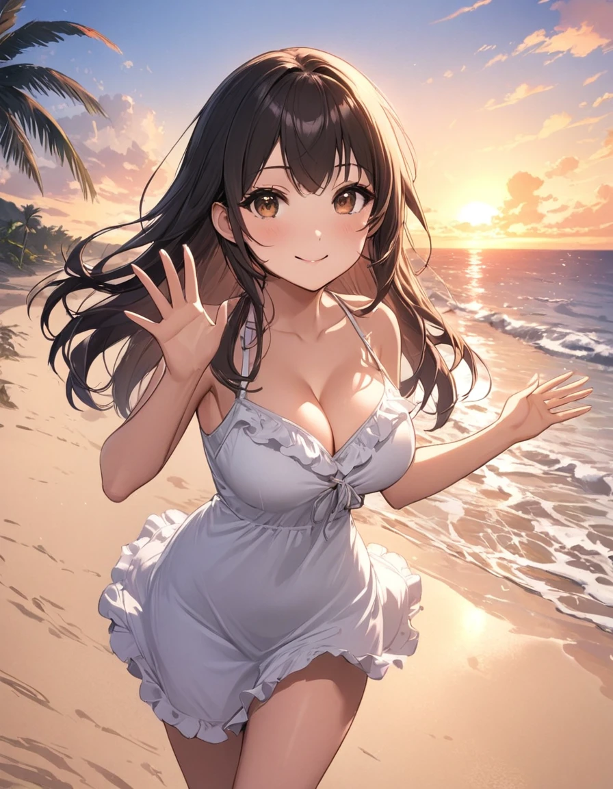 4k, materpiece, bestquality, detailed, detailed scenery, detailed eyes, 1Girl, cute, adorable, straight hair, long hair, black hair, brown eyes, cleavage, smiling, sunset, beach, looking at the camera, (walking action:1.3), motion, beautiful walking form, (waving gesture:1.2), one hand up, show palm, sundress, from the front