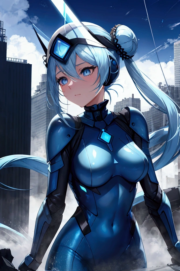 Tall shy woman, blue twin tail buns, magical blue eyes, fair skin, medium breasts, magical blue bodysuit, digital blue helmet, destroyed city, 