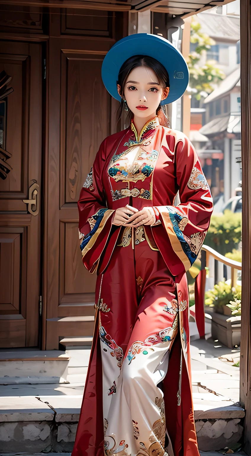 photorealistic, masterpiece, photorealistic, high resolution, soft light, hips up, Nhat Binh, hat, Traditional Vietnamese costumes, full costume