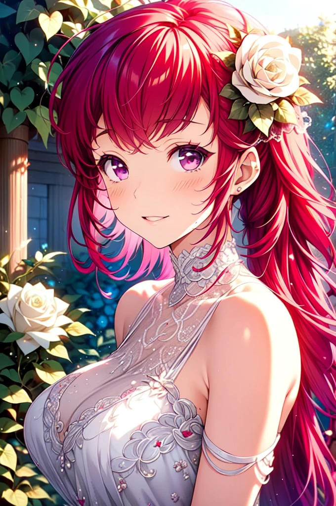 asamikei, (masterpiece, Highest quality, beautifully、aesthetic:1.3), 1girl,alone, A light smile, (Silvery red purple hair with reddish red streaks:1.4), (Gradient red purple hair tip:1.6), hair, Ridiculously long hair, Single Side Lock, Wavy Hair, Shiny Hair, Floating Hair, (Deep red eyes), Delicate eyes, red eyes, Very fine eye, Long upper eyelashes, compensate, Focus on the face, Very detailedフェイシャル, Pretty face, Perfect breasts, Hot body, (Delicate skin texture:1.2), Bridal Veil, lace trim dress, See through, flower dress, Outdoor, White Rose, garden, morning, Are standing, Very detailed,nsfw,