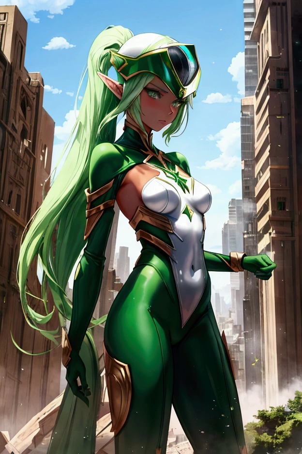 Tall elf woman, long green ponytail, magical green eyes, tan skin, small breasts, magical green bodysuit, digital helmet, destroyed city, 