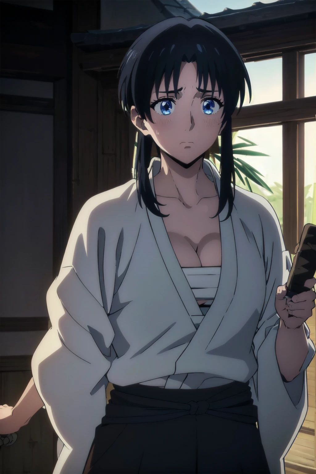 ((((brown hakama、Bright lighting、Cleavage、holding a bamboo sword、kimono))))、(Loincloth、Big Breasts、Looking down、Sweat、Turning away)、Highest quality, High resolution、Big Breasts、Sad expression、Browsing Caution、white breath、A shy look、shame、Humiliating、unfortunate、blush、Sweaty、White skin、((Cowboy Shot))Black Hairゴム、Kaoru、Blue eyes, Black Hair, ponytail , BREAK looking at viewer, BREAK outdoors, BREAK (Tabletop:1.2), (Beautiful detaileded eyes:1.6), extra detaileded face, Perfect lighting, (Perfect hands, Perfect Anatomy)、Mature Woman、Large areola、(masterpiece、Highest quality)、 超High resolution, (Realistic:1.4),(Realistic:1.4)、 (超High resolution:1.2), High resolution、A perfect masterpiece, Highest quality, family friendly, Soft dim lighting, addition_detailed, Good lighting、A highly detaileded、Highly detaileded CG Unity 8K wallpapers、Raising awareness、((beautifull detaileded face))、Side lighting、((Raising awarenessnbest))、Highly detaileded eyes、Perfect lighting、(1 person)、Focus Only、Glowing Skin
