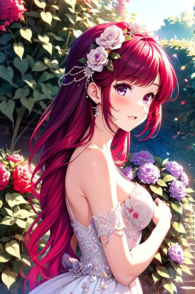 asamikei, (masterpiece, Highest quality, beautifully、aesthetic:1.3), 1girl,alone, A light smile, (Silvery red purple hair with reddish red streaks:1.4), (Gradient red purple hair tip:1.6), hair, Ridiculously long hair, Single Side Lock, Wavy Hair, Shiny Hair, Floating Hair, (Deep red eyes), Delicate eyes, red eyes, Very fine eye, Long upper eyelashes, compensate, Focus on the face, Very detailedフェイシャル, Pretty face, Perfect breasts, Hot body, (Delicate skin texture:1.2), Bridal Veil, lace trim dress, See through, summer dress, Outdoor, White Rose, garden, morning, Are standing, Very detailed,nsfw,