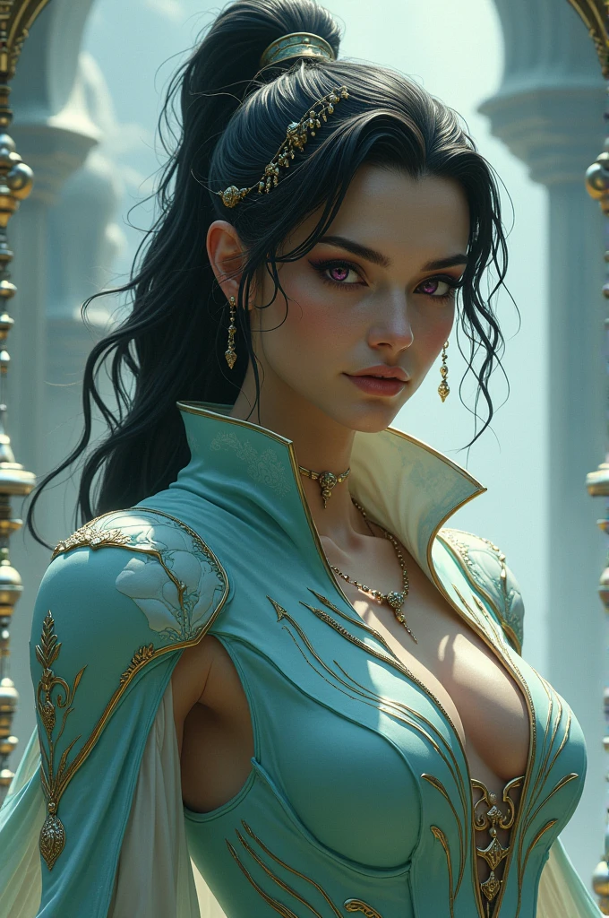alicent hightower, ((Beautiful milf)), slender, average breasts, brown eyes, brunette hair, seductive face, graceful, (green dress), crown, fair skin, castle, fantasy, masterpiece, best quality, ultra detailed, realistic