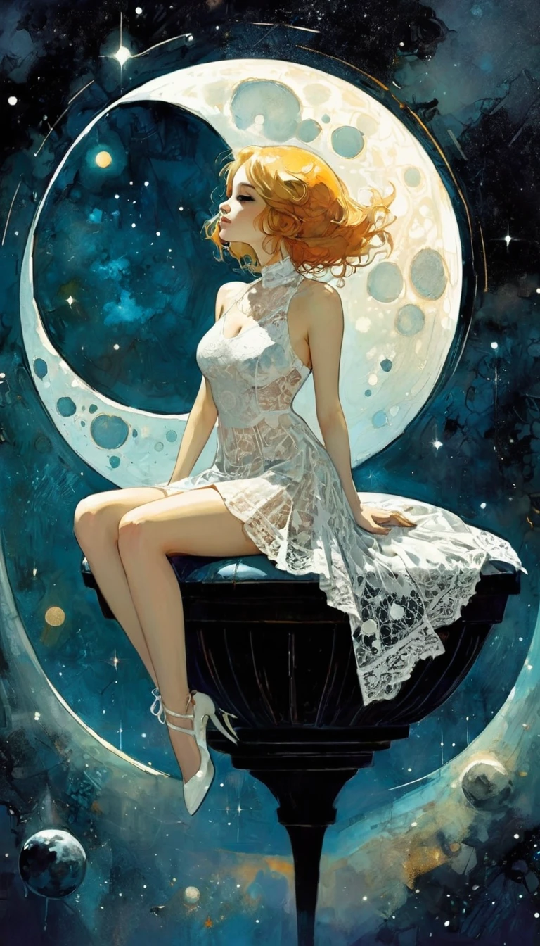 A redheaded woman sings, dressed only in veils, dancing on the moon as she dreams, painting of the moon's craters, many inappropriate objects, lots of intimate underwear, fishnet stockings, lace bolero, books, make-up accessories, surrealist painting, magic realism, bizarre art, subtitle at the bottom of the picture "Où est mon ami Pierrot?" in beautiful blue and gold letters.
