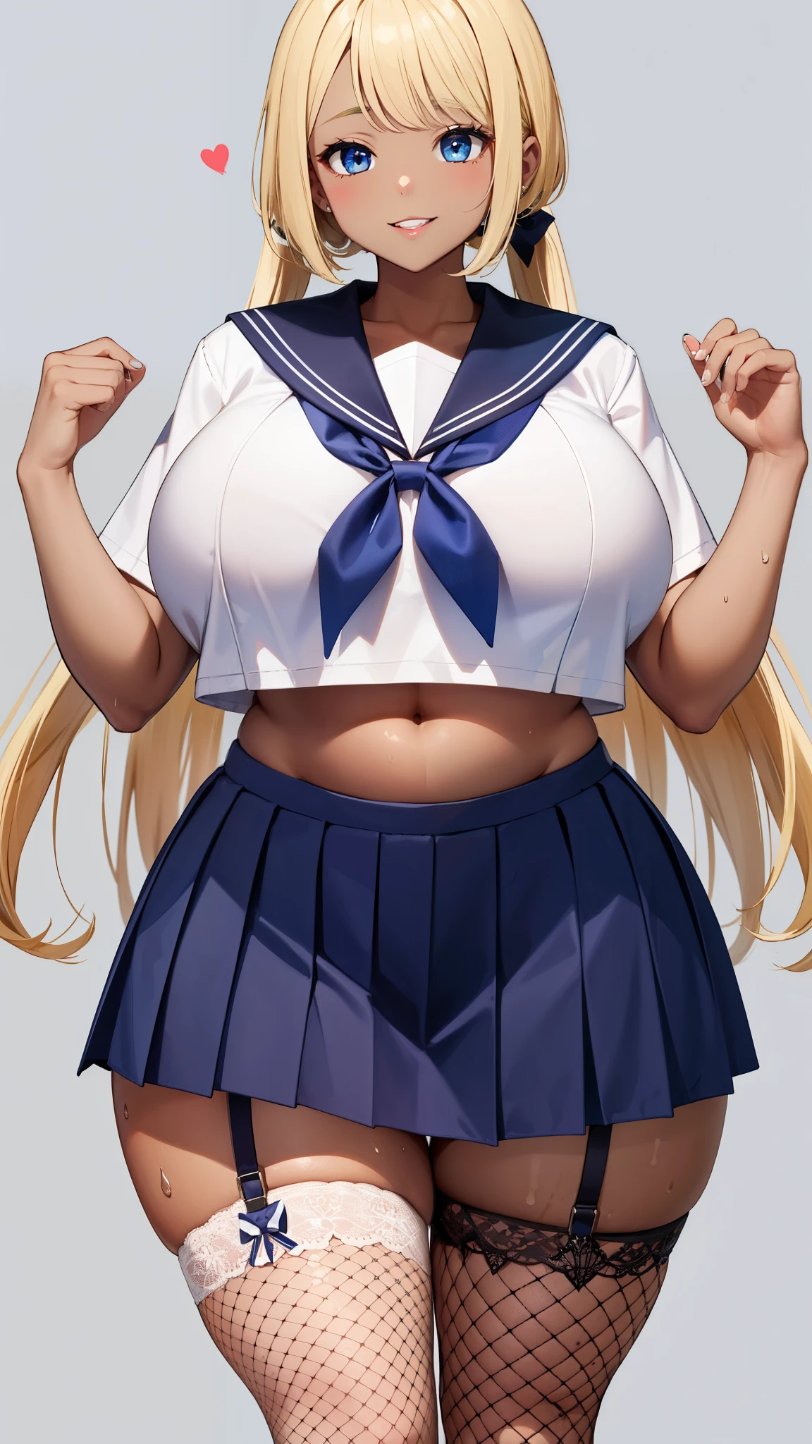 Big Breasts, blonde, blue eyes, high school girl、(Dark Skin、Sailor suit:1.3),Smile、Big Hips、Thick thighs,Sweaty、Navy Blue Skirt、Fishnet tights、Belly button、Garter Stockings