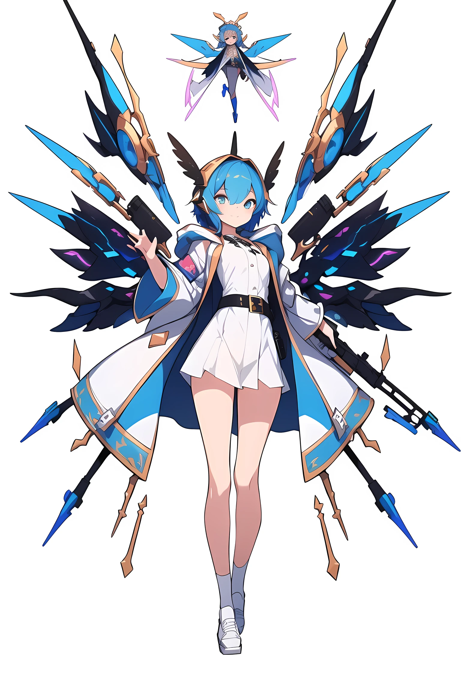 [(NO BACKGROUND:1.5),::5] (WHITE BACKGROUND:1.5), [(ROBE:1.5)::,5] (short:1.5), [(HEADGEAR:1.5)::,5] (weapon:1.5), [(DYNAMIC POSE:1.5),::5] (flying:1.5), (1girl:1.5), full body, looking at viewer, (coat, robe, wizard robe, clothes, shirt, jacket, contemporary, magical, magician, modern, futuristic:1.4), solo, full body, masterpiece, solo, futuristic, beautiful, detailed eyes, detailed face, absurdres, ultra-detail, masterpiece, highres, 4k, high quality, digital art, sparkling eyes, (flying in air, striking pose:1.5), mechanical wings, small breasts