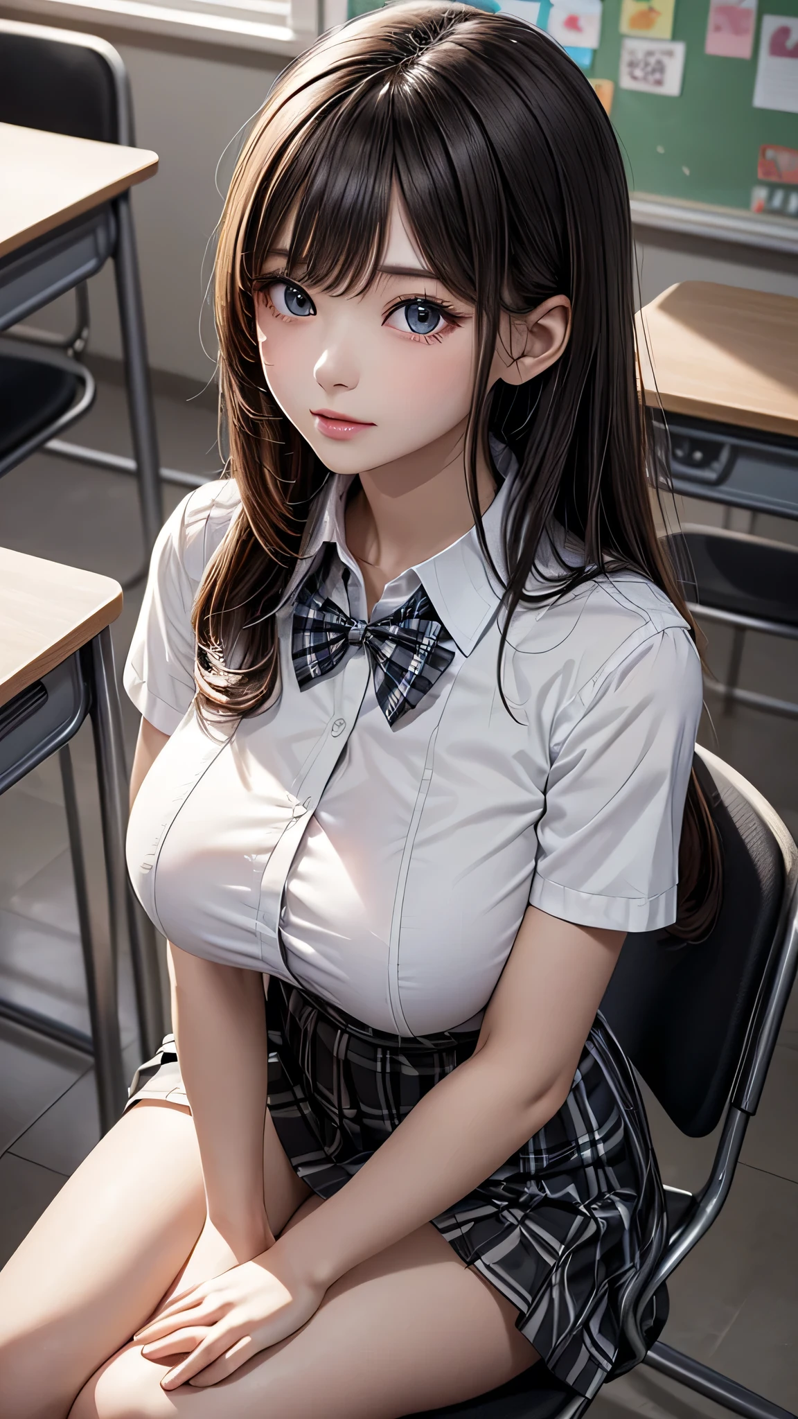 (Two Girls), (Very detailed美しい顔), Great face and eyes, (Highest quality:1.4), (Super detailed), (Very detailed CG synthesis 8k wallpaper), Very detailed, High-resolution RAW color photos, Professional photography, Realistic portraits, Great face and eyes, Pink Eyes, (High , Pleated mini skirt:1.3), Twin tails, Brown Hair, Model,  (((bokeh))), Depth of written boundary, School, classroom,