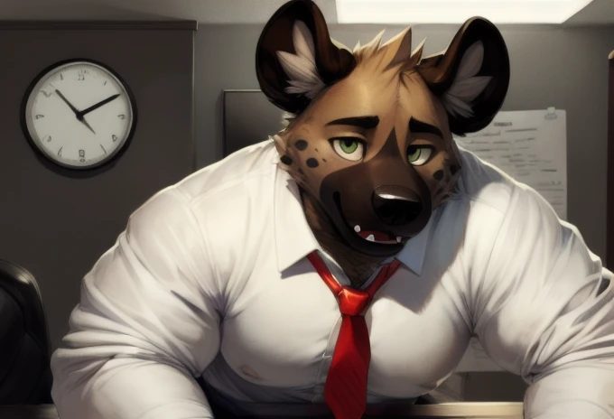 haida, hyena, nuzzle, male, spotted hyena, hyena boy, yellowish green eyes, fangs, spots, spotted body, white canine tail, white hands, white fingers, cheek tufts, neck short tufts, fur, lean, (wearing office outfit/ white shirt and red tie), by sugaryhotdog, by darkgem, by kokukokuboo, big chest, big biceps solo, (sketch lines, colored sketch), volumetric lighting, dynamic light, full body, intricate details, absurd res, 8k, the best quality, the best resolution, masterpiece, beautiful composition, absurd res, needy eyes, submissive, excited, office setting, desk, documents and files, laying submissivley, arms holding butt, thick butt, plump butt, panting, butt crack,wall clock, city landscape, morning light, longing gaze, ass pointing at viewer, BARA, muscular, himbo, 
