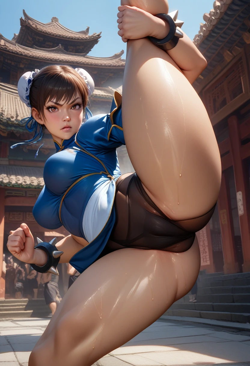 In a realistic professional and marketing photoshoot, capture Chun Li, the iconic Street Fighter character, in a mid-action pose. Show her strength and determination as she executes a powerful high kick, her focus and intensity evident in her piercing eyes. Highlight her traditional Chinese-inspired attire, complete with embroidered details and vibrant colors that convey her heritage and martial arts prowess. Enhance the composition with dynamic lighting that accentuates the contours of her muscular physique, while keeping the background clean and minimalistic, allowing her to be the center of attention.