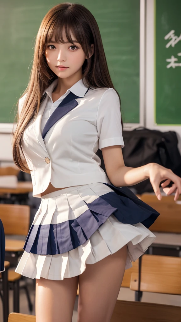 Product quality,1 girl,(Shooting from below:1.4),(Thigh Emphasis:1.4),Young and pretty girl in Japan,Daytime, (High school classroom:1.2),(Short sleeve shirt:1.3),(Schoolgirl uniform:1.3),(blazer:1.3), (White ultra short pleated mini skirt:1.5),(No pants:1.3),Very cute face,Glossy Lips,Beautiful big eyes,Brown eyes,Double eyelids on both eyes,(Natural Makeup),shiny smooth light brown long hair,,,Asymmetrical bangs,Floating Hair NovaFrog Style,Center image,8k resolution,Attention to detail,Detailed hairstyle,Detailed face,Cinema Lighting,Octane Rendering,Ultra-realistic,Perfect limbs,Beautiful legs,Voluptuous thighs,Huge breasts,Perfect Anatomy,Spread your legs,(Provocative dynamic pose:1.3)