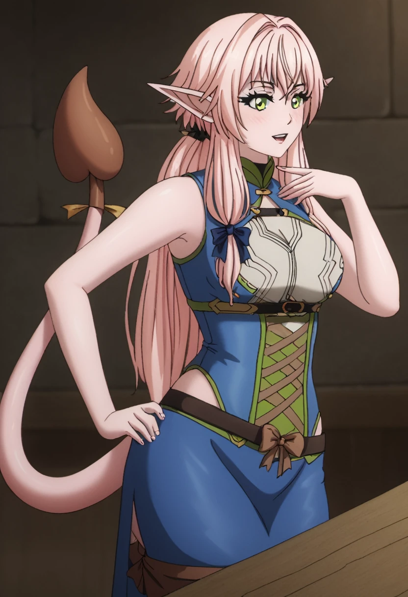  1 girl, reddish pink skin and long hair, (very large elf-style pointy ears), giant tail, twice as big as the body, club-shaped tail, ball with spikes on the tip of the tail. Blue medieval clothes.