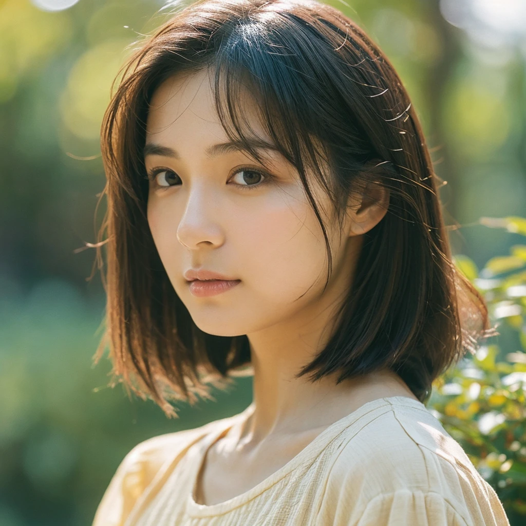 A hyper-realistic image of a single Japanese woman in her early 20s, captured with the nostalgic warmth and subtle graininess of a film camera. Her skin has a warm beige tone with a natural, slightly rough texture that includes visible pores, fine lines, and subtle imperfections such as small blemishes, adding to the authenticity of her appearance. The soft, diffused natural light enhances the film-like quality, casting gentle shadows that create a timeless, organic feel. Her straight, glossy black hair frames her face in a natural, slightly tousled manner, and her deep brown eyes reflect the ambient light, adding depth and emotion. The film camera effect introduces a slight grain and a softer focus, giving the image a warm, nostalgic atmosphere while maintaining the realistic texture of her skin. She is dressed simply, in a way that complements her natural beauty, with the overall composition designed to evoke a sense of genuine, understated elegance. The use of natural light, combined with the deliberately rougher texture of her skin and the film-like qualities, ensures that this image captures the imperfections that make her beauty truly lifelike, focusing solely on this one individual.