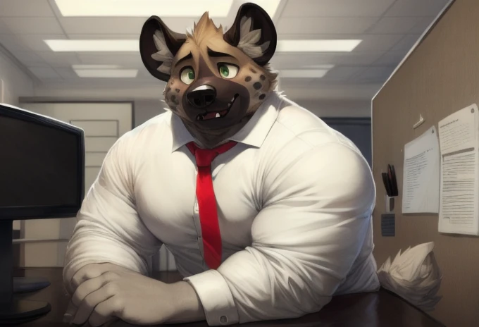 haida, hyena, nuzzle, male, spotted hyena, hyena boy, yellowish green eyes, fangs, spots, spotted body, white canine tail, white hands, white fingers, cheek tufts, neck short tufts, fur, lean, (wearing office outfit/ white shirt and red tie), by sugaryhotdog, by darkgem, by kokukokuboo, big chest, big biceps solo, (sketch lines, colored sketch), volumetric lighting, dynamic light, full body, intricate details, absurd res, 8k, the best quality, the best resolution, masterpiece, beautiful composition, absurd res, needy eyes, submissive, excited, office setting, desk, documents and files, laying submissivley, arms holding butt, thick butt, plump butt, panting, butt crack,wall clock, city landscape, morning light, longing gaze, ass pointing at viewer, BARA, muscular, himbo, dilf
