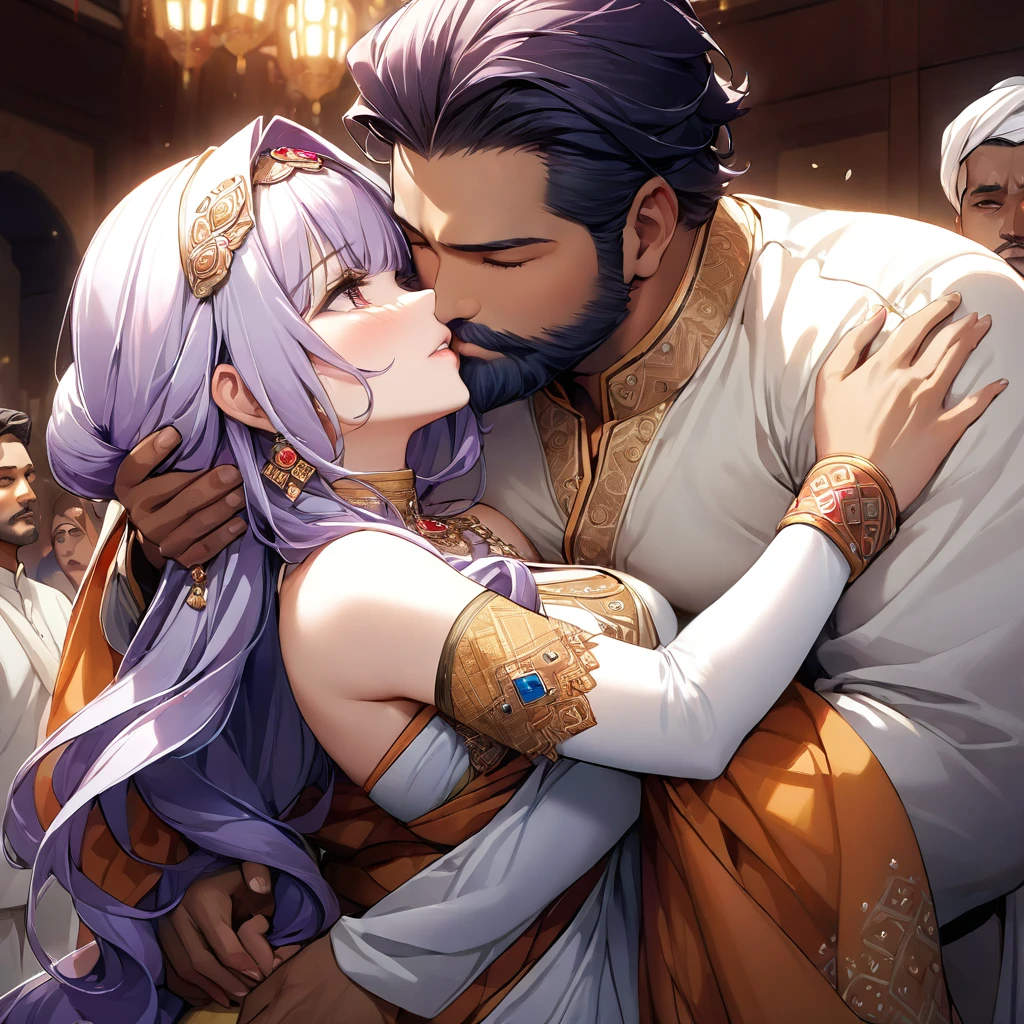 ((Highest quality)), ((masterpiece)), (detailed), （Perfect Face）、The woman has light purple hair in Extia Magica、The woman is wearing the traditional Indian dress, a sari.、The woman is embracing and kissing a middle-aged Indian man with a beard in their wedding ceremony.