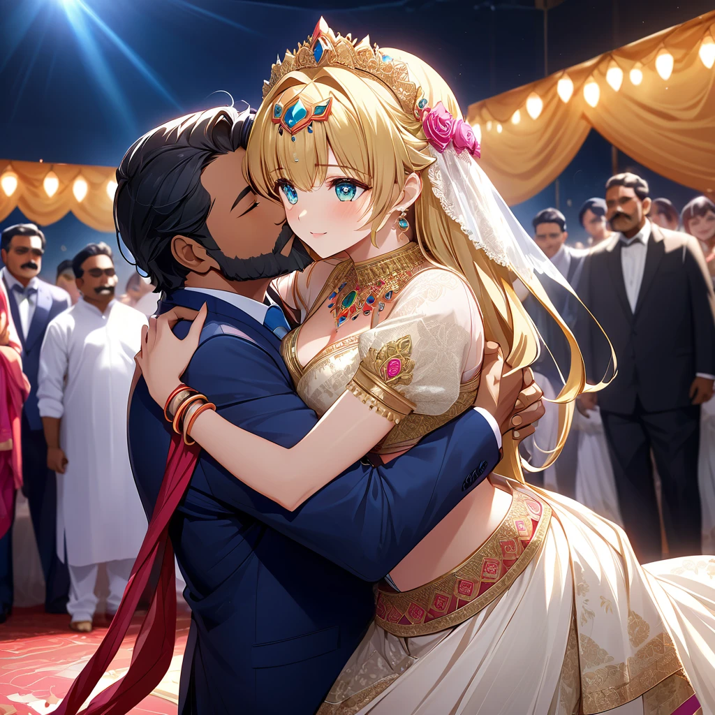 ((Highest quality)), ((masterpiece)), (detailed), （Perfect Face）、The woman is Extia Spica、The woman is wearing the traditional Indian dress, a sari.、The woman is embracing and kissing a middle-aged Indian man with a beard in their wedding ceremony.