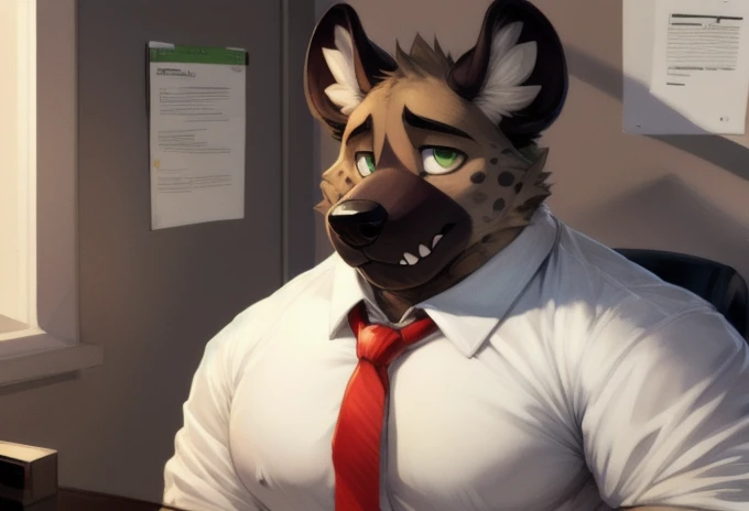 haida, hyena, nuzzle, male, spotted hyena, hyena boy, yellowish green eyes, fangs, spots, spotted body, white canine tail, white hands, white fingers, cheek tufts, neck short tufts, fur, lean, (wearing office outfit/ white shirt and red tie), by sugaryhotdog, by darkgem, by kokukokuboo, big chest, big biceps solo, (sketch lines, colored sketch), volumetric lighting, dynamic light, full body, intricate details, absurd res, 8k, the best quality, the best resolution, masterpiece, beautiful composition, absurd res, needy eyes, submissive, excited, office setting, desk, documents and files, laying submissivley, arms holding butt, thick butt, plump butt, panting, butt crack,wall clock, city landscape, morning light, longing gaze, ass pointing at viewer, BARA, muscular, himbo, dilf, back angle, big ass, ass focus
