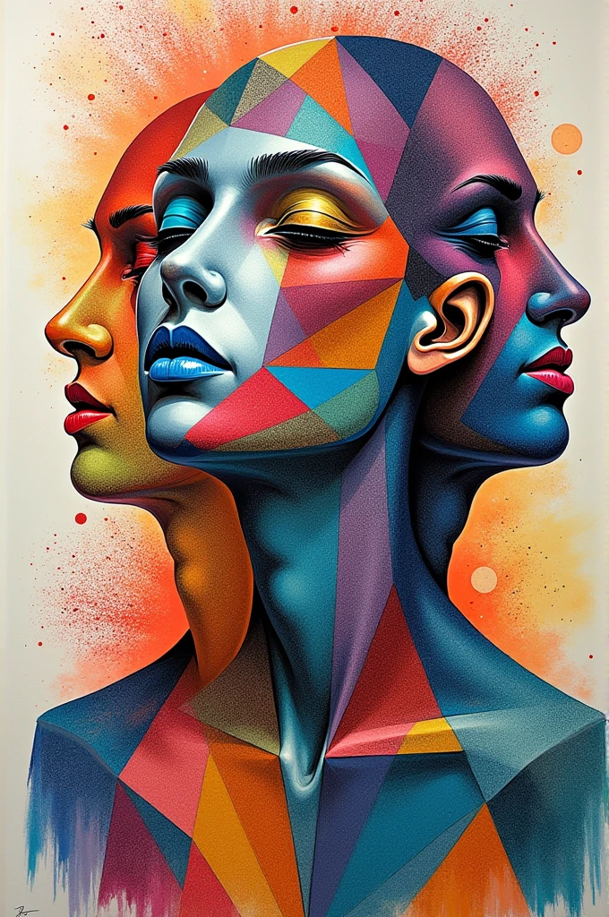 Expressionist artwork images of multiple floating ceramic heads, 3d collage style, make it weird and gallery worthy, ((transgender man)), portrait, absurdres,highres,ultra detailed,ultra-detailed background,detailed background,extremly detailed,1girl,bunch of flowers,(zentangle:1.2),(geometric:1.2) multi-colored color palette, monochromatic, big , cleavage, sideboob, lingerie, realistic depiction, arms behind back, kaleidoscopic, multidimensional, ethereal glow, captivating uniqueness, surreal juxtapositions, visual symphony, unforgettable visual narrative, edgy, mathematical, simple-shaped vectors, highly modern, stylistic, polygonal abstraction, vector art, bold lines, minimalist color scheme, digital art, abstract geometry