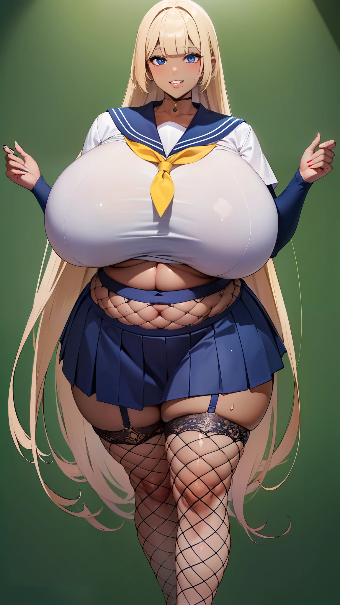 ((8k,Highest quality、Very tall、12th class、voluptuous woman))、(gigantic tits，Thick thighs、Big Hips、Very long legs:1.3), Blonde、 blue eyes, high school girl、(Dark Skin、Sailor suit:1.3),happy smile、Sweaty、Navy Blue Skirt、Fishnet tights、Belly button、Garter Stockings