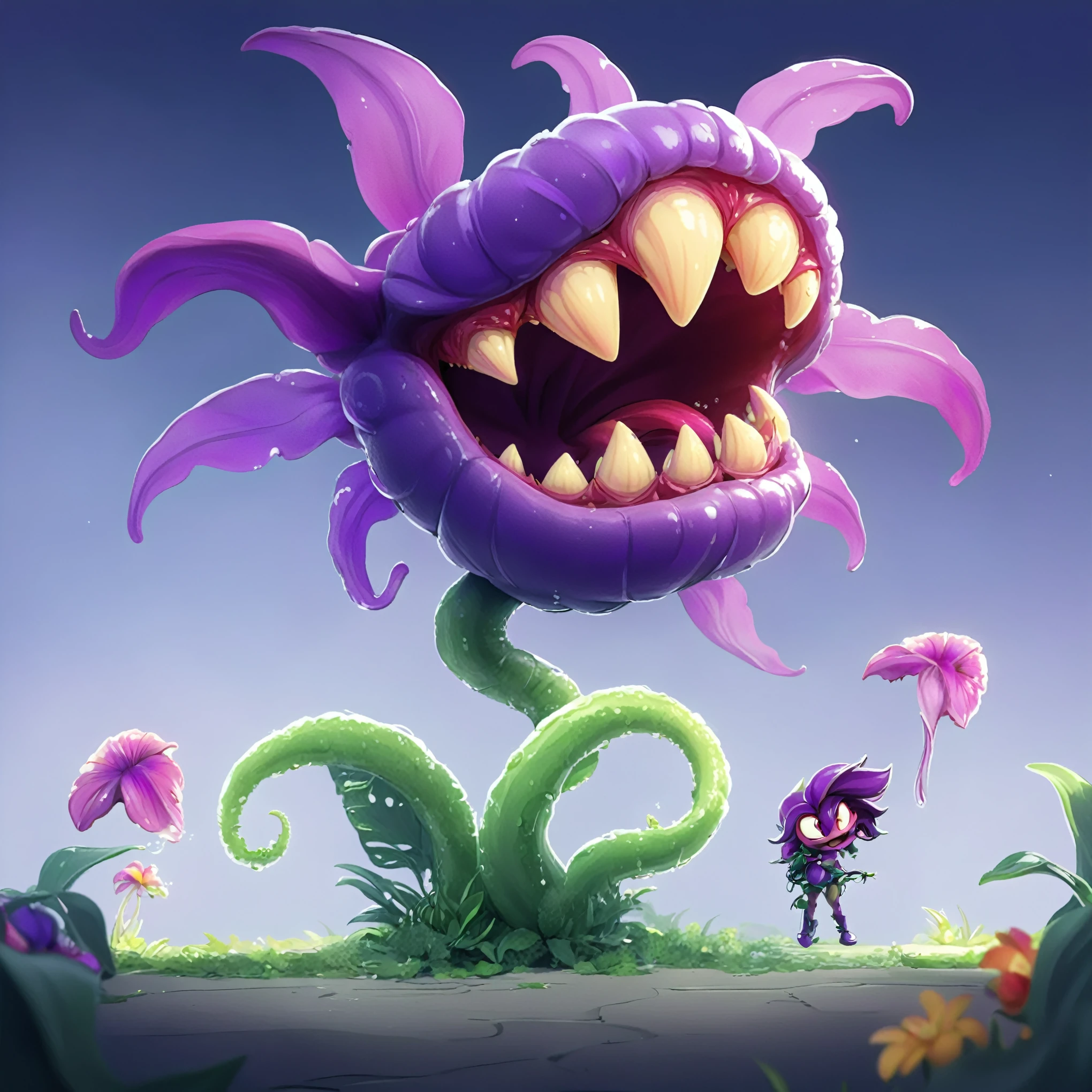 Long green tentacles,Three curved tentacles reaching towards the camera,The purple piranha plant reaches forward,A giant purple tentacle flower,With a gaping maw。A giant purple tentacle flower,Cartoon style giant tentacle flower with purple petals,Game character design,