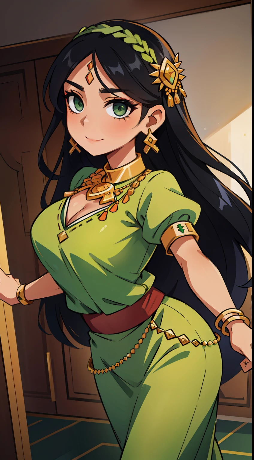 Amazing portrait of a sexy middle eastern woman with lots of jewellery wearing a green blouse and skirt with amazing makeup emphasizing her beautiful face and kind eyes while doing an intimate dance with a traditional look