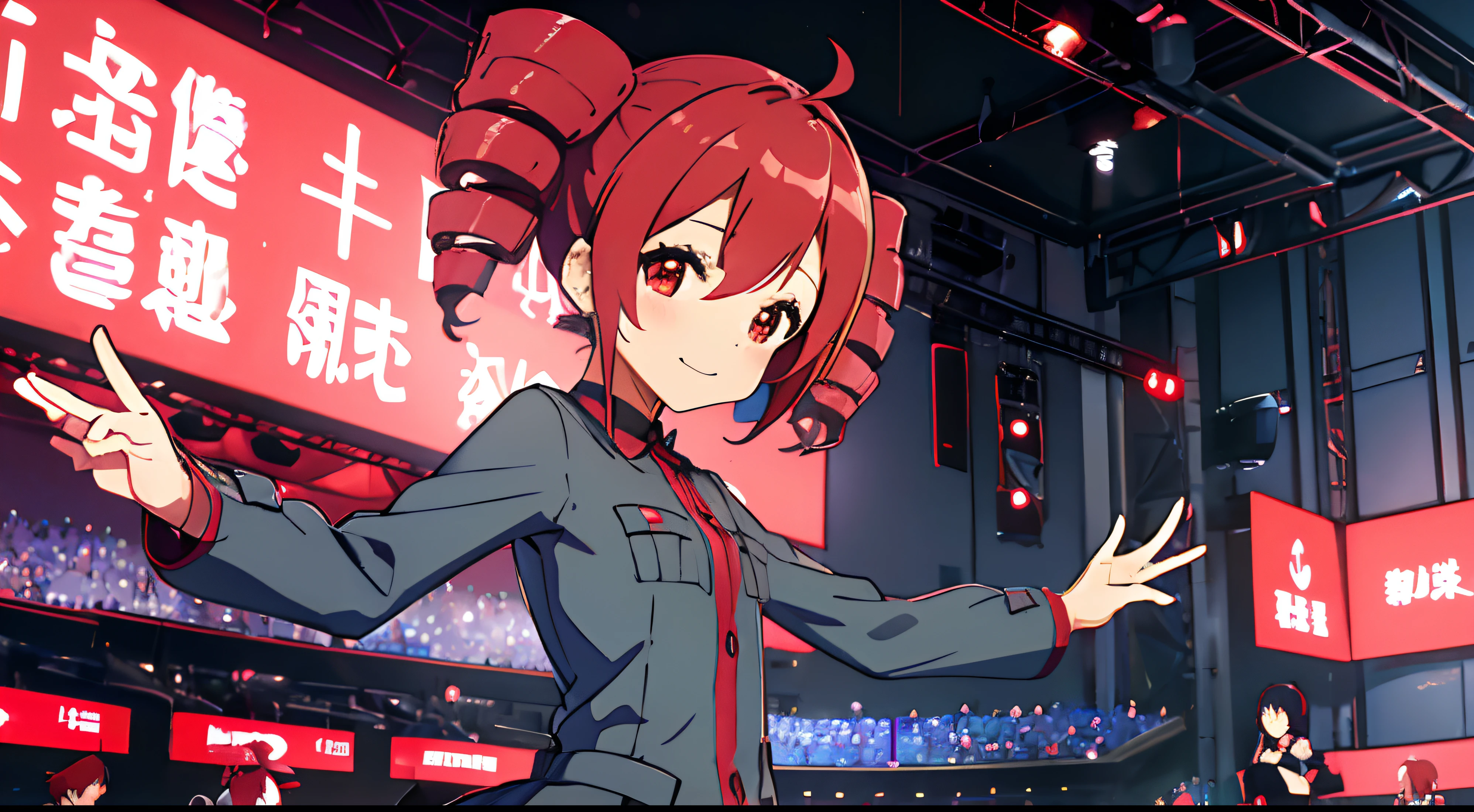 cute、One Girl、high quality、((masterpiece))、Idol Pose、Tet、KasaneTeto、Twin Drill Hair、Smile in public、On Stage、Redhead、neat and clean clothes of neat gray color,