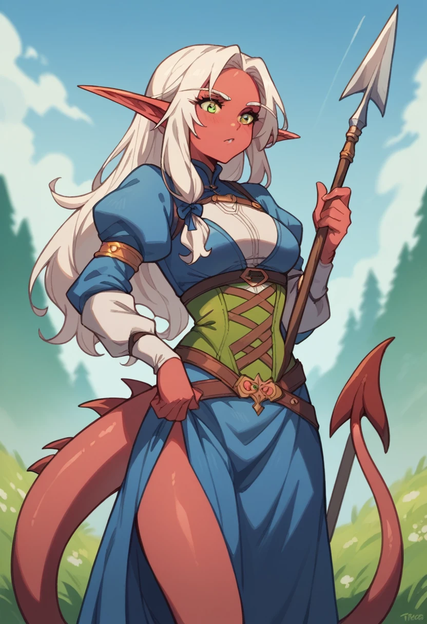  1 girl, red skin and long hair, (very large elf-style pointy ears), tail of a very giant, 3 times larger than the body,  a spear-shaped tail, tail with spiked ball . Blue medieval clothes.