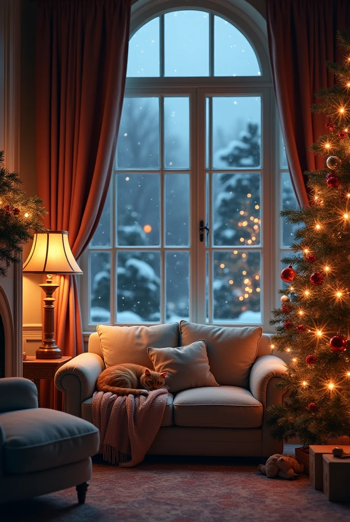 A luxurious house with a big window, a sofa and a fireplace. Outside the window it is raining. A little cat is sleeping on the sofa. It is night. There is a Christmas tree next to the fireplace.