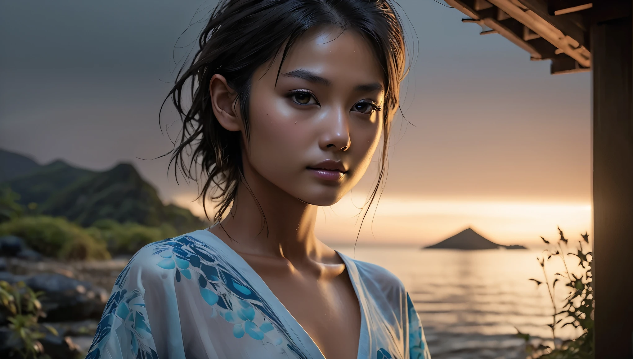 Top Quality, Masterpiece, High Resolution, 8k, (((cute barely legal girl standing in oversized silky Spa Wrap Top, random color, wide neckline, deep neckline, small perky breasts, beautiful detailed eyes, beautiful detailed lips, small closed mouth, extremely detailed face, long pixie asymmetrical hair style, small hips))), BREAK ((japanese onsen, wet and steamy atmosphere, intricate details, at night, backlit, full body shot, view from distance))