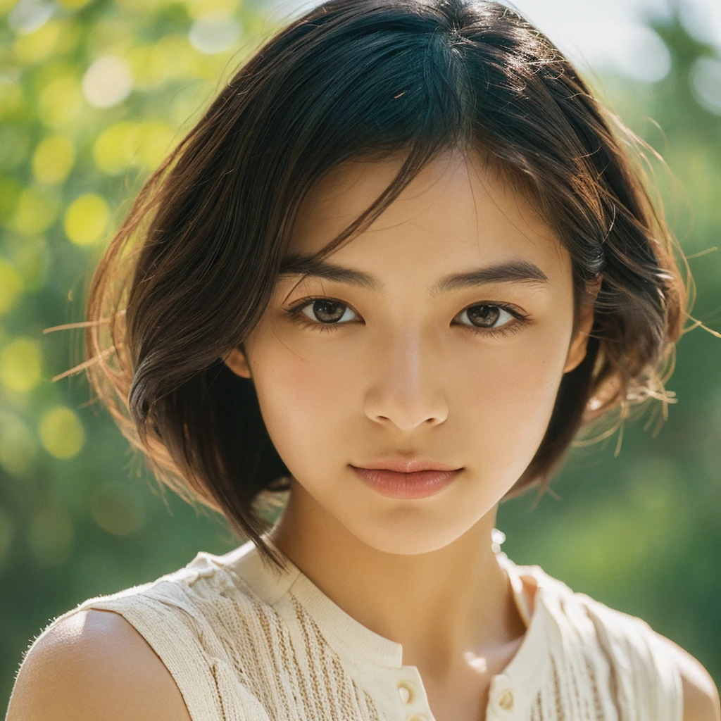 A hyper-realistic image of a single Japanese woman in her early 20s, captured with the nostalgic warmth and subtle graininess of a film camera. Her skin has a warm beige tone with a natural, slightly rough texture that includes visible pores, fine lines, and subtle imperfections such as small blemishes, adding to the authenticity of her appearance. The soft, diffused natural light enhances the film-like quality, casting gentle shadows that create a timeless, organic feel. Her straight, glossy black hair frames her face in a natural, slightly tousled manner, and her deep brown eyes reflect the ambient light, adding depth and emotion. The film camera effect introduces a slight grain and a softer focus, giving the image a warm, nostalgic atmosphere while maintaining the realistic texture of her skin. She is dressed simply, in a way that complements her natural beauty, with the overall composition designed to evoke a sense of genuine, understated elegance. The use of natural light, combined with the deliberately rougher texture of her skin and the film-like qualities, ensures that this image captures the imperfections that make her beauty truly lifelike, focusing solely on this one individual.