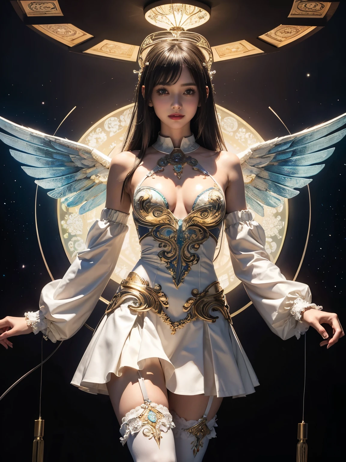 Cyborg, Girl, Beautiful girl, Cute, Sexy, Strong, Slender, Delicate, Smile, (Lolita costume), High legs, Metallic, ultra color, paisley, mandalas, Near future, Heaven, angel, feater, wing, Helix lamp, (The wings are symmetrically paired;1.5),
