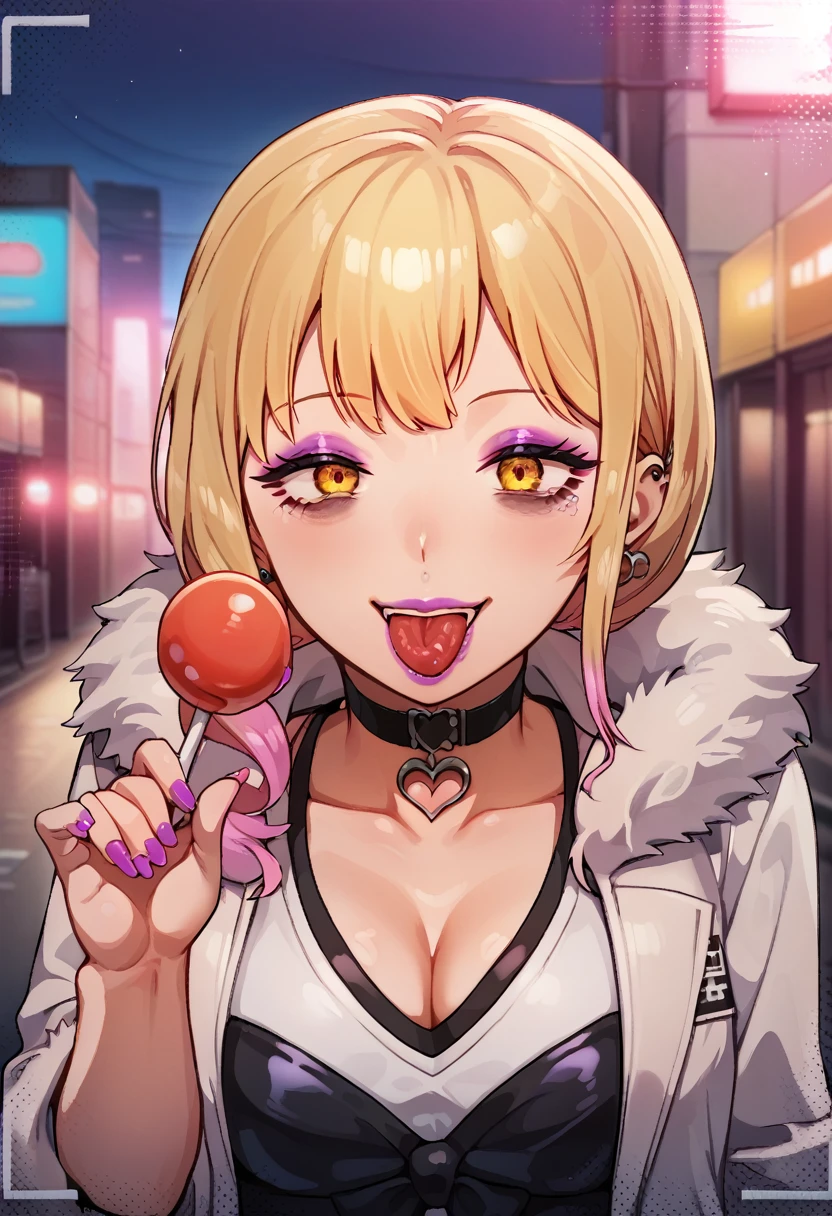 score_9, score_8_up, score_7_up, uncensored, source_anime, 1girl, solo, gyaru, looking at viewer, multicolored hair, blonde, yellow eyes, bags under eyes, amimia, makeup, purple eyeshadow, purple lips, licking lollipop, smile, shiny skin, face focus, choker, fur coat, polished nails, BREAK outdoors, tokyo \(city\), night time, blurry background, city lights, neon lights,