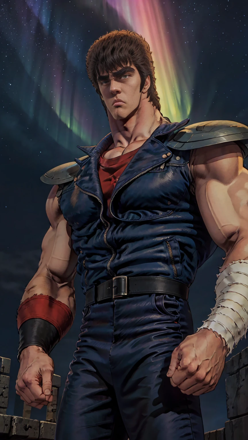 8k images、Realistic、Kenshiro of Fist of the North Star(:1.5)、Muscular、Fearless Face、Bad mood、look down、Blue-black leather jacket、Wear a red undershirt、strobe、Photograph your whole body from the feet up、Combat pose、Night Sky、The Big Dipper shines、Active、Night Skyに巨大な金剛力士像の亡霊が浮かぶ、The body emits an aurora-like light.。