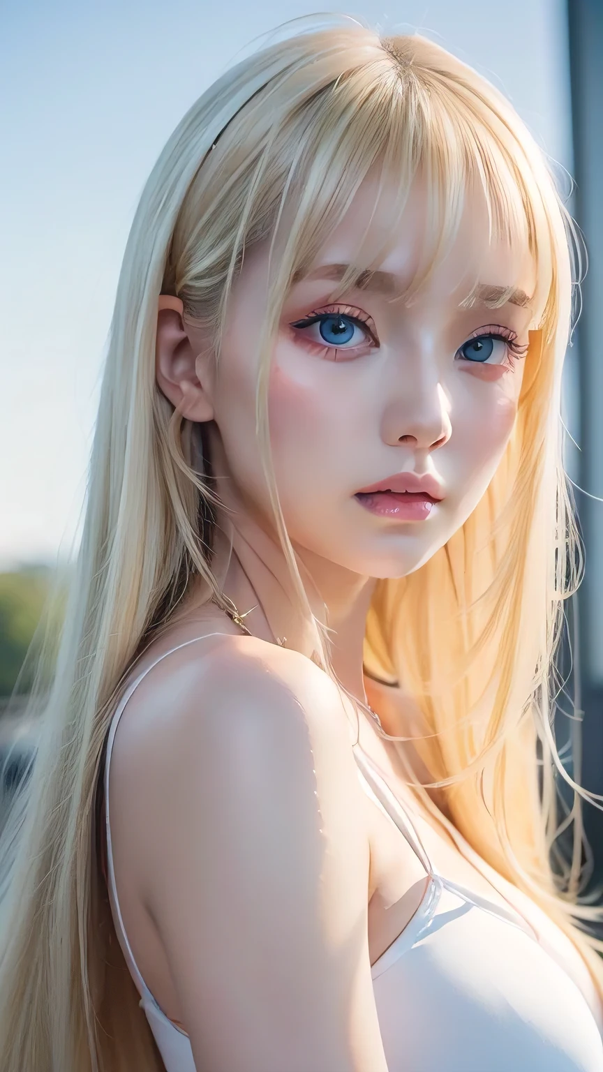Transparent white glossy skin、Blonde hair blowing in the ominous wind in front of a pretty face、Huge boobs、Cute sexy little beautiful face of、disheveled bangs、Beautiful, silky, straight, super long blonde hair、Very large beautiful pale bright blue eyes、Very big eyes、Cute, silky eye-covering bangs, Super long sexy blonde dancing in front of your face、A perfectly cute and beautiful girl、Natural dazzling blonde shine、Super Long Bright Blonde Hair、White, dewy skin、Gloss Face、Cheek gloss highlighter、Perfect beauty、round face、Cheek highlight、
