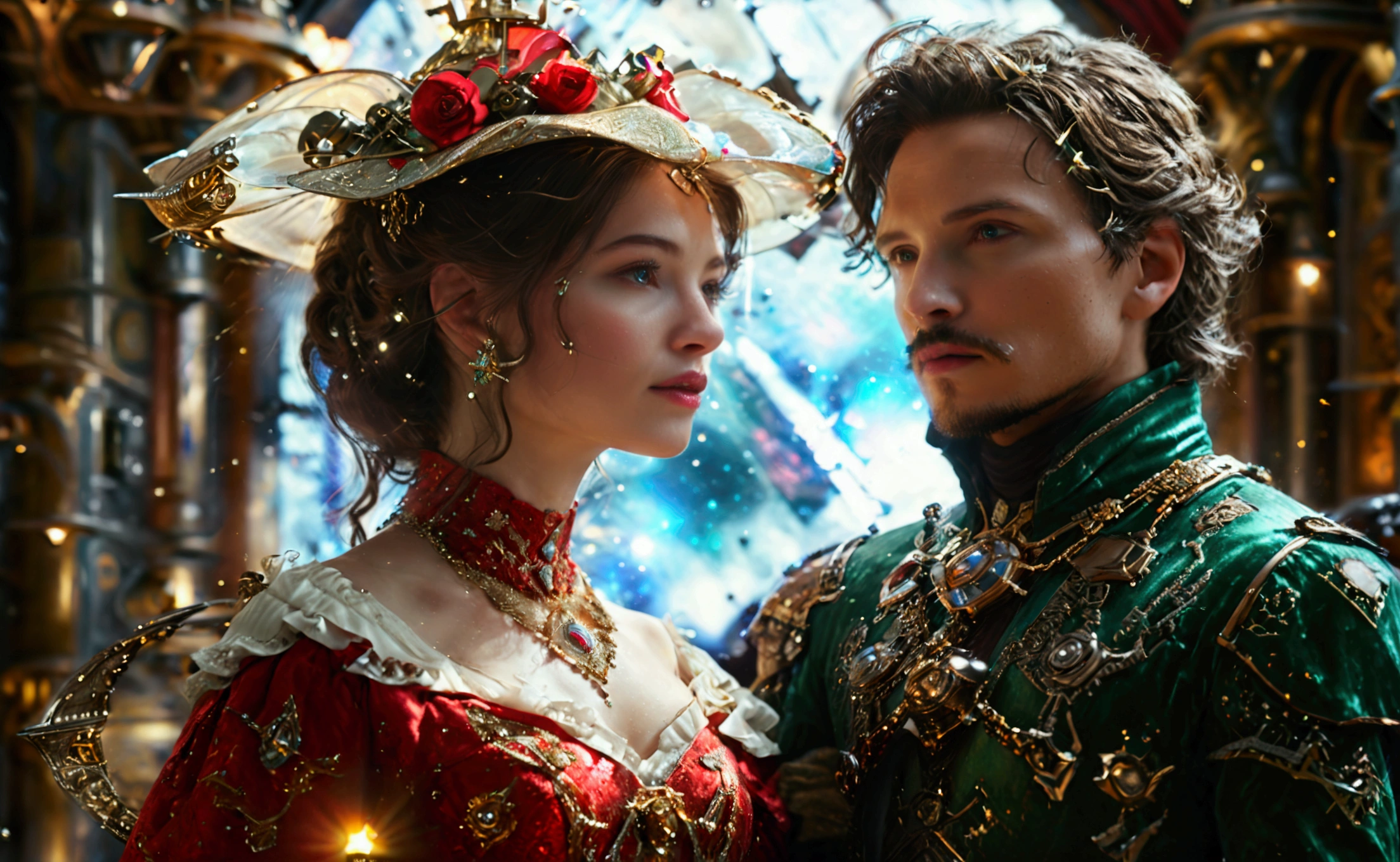 alta qualidade (um casal de homem e uma mulher, juntos na mesma imgem, 14th century), (((modern depiction of Jan van Eyck's painting))), technicolor, cinematic lighthing, reflexos, HDR, 8K分辨率, cinematic movie still, suave, foco nítido, realista, strobe light beams, ((backround desfocado)):1.7, (((profundidade de campo)):1.8, cinestill 800t 35mm, alta qualidade, heavy grain, alto detalhe, cinematic  composition, dramatic light, Anamorphic, lente ultra wide, hiper-realista, 5:2