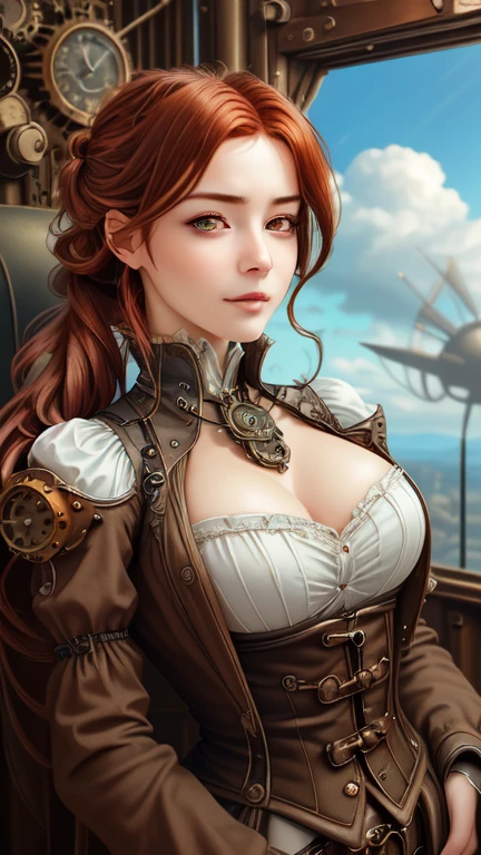 Beautiful woman, red hair, yellow eyes, large perfect snoopy breast,(torn blouse) cleavage, highly detailed, brown jacket,, vintage, dark fantasy, cowgirl, western style, headphones,, closeup portrait,