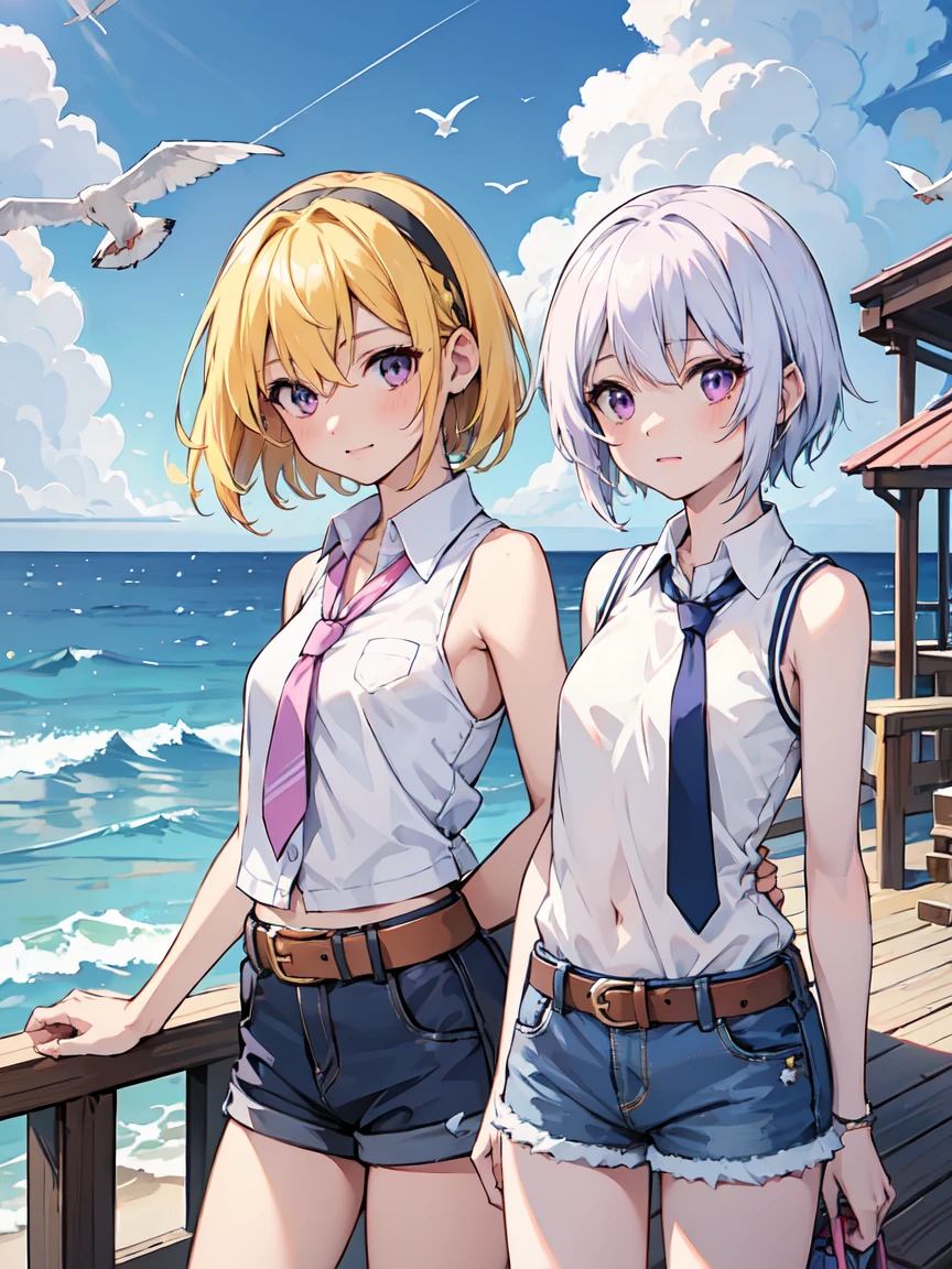 Summer pier, blue sea, Deep blue sky, White cloud, 1 female, alone, Yellow Hair, blonde, Purple eyes, short hair, hair band, Flat Chest, １１age, Collared shirt,Sleeveless shirt,Pink Shirt, White Belt, Denim shorts, Calm waves, Seagull, fishing boat