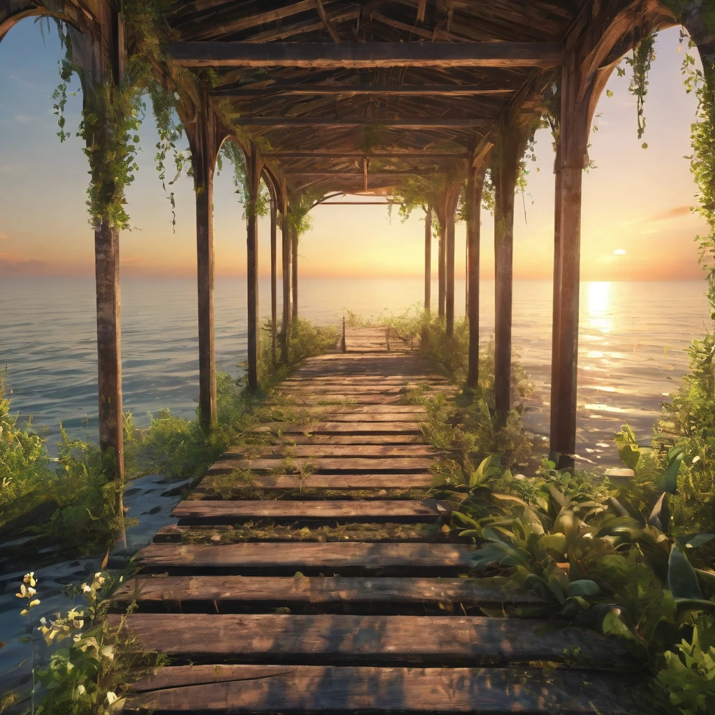 (La best quality,high resolution,Very detailed,Practical),Abandoned and dilapidated Summer Pier，covered in plants，Sunset（ （（A masterpiece full of calm elements）））， （（best quality））， （（Intricate details））（8K）