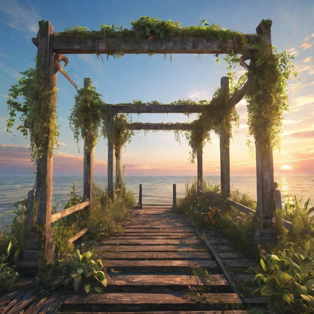 (La best quality,high resolution,Very detailed,Practical),Abandoned and dilapidated Summer Pier，covered in plants，Sunset（ （（A masterpiece full of calm elements）））， （（best quality））， （（Intricate details））（8K）