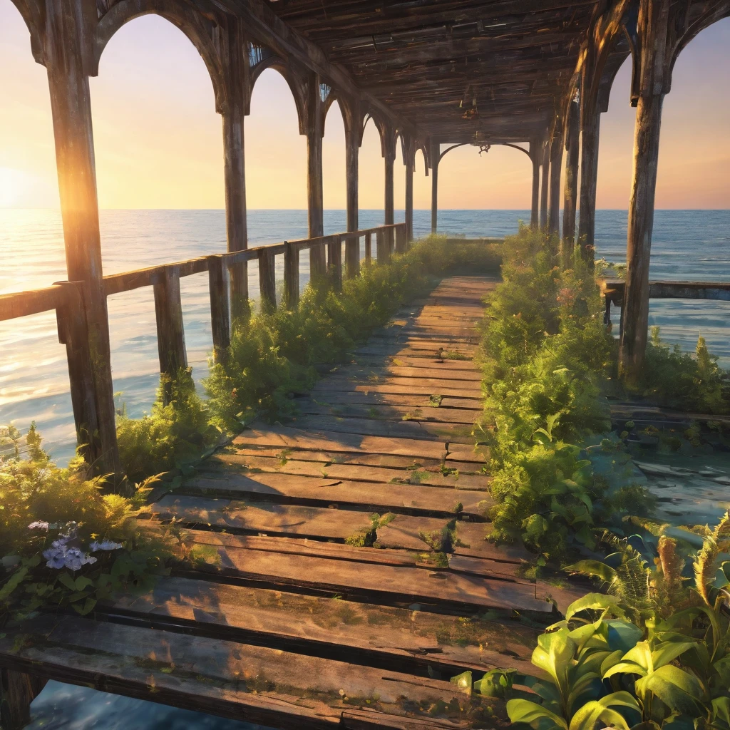 (La best quality,high resolution,Very detailed,Practical),Abandoned and dilapidated Summer Pier，covered in plants，Sunset（ （（A masterpiece full of calm elements）））， （（best quality））， （（Intricate details））（8K）